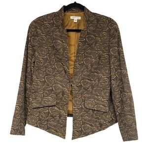 Coldwater Creek Blazer Women's Size 14 Brown Floral Jacquard Pointed Hem